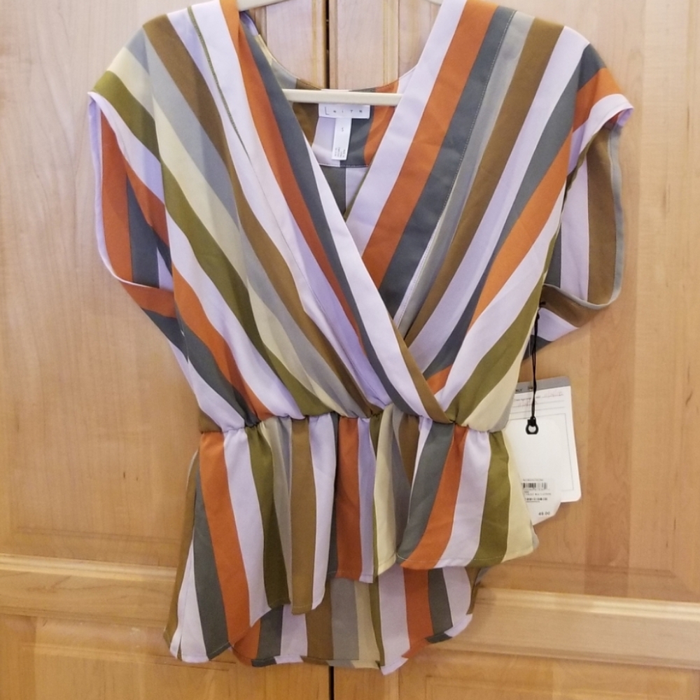 Leith Striped Cropped Wrap Blouse - Size S NWT